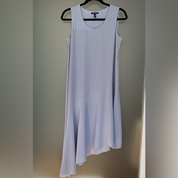 Elegant Eileen Fisher Silk Georgette Crepe Asymmetrical Dress in Larkspur - Picture 2 of 6